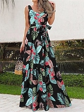 preiswerte Druck Blumen Kleider-Damen Langes Kleid Maxikleid Freizeitkleid Schwingkleid Sommerkleid Unterkleid Elegant Mode Modern Täglich Strand Wochenende Normale Passform Blume Ärmellos Rundhalsausschnitt Schwarz und Wei