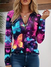 billige Kunst &amp; Design t-skjorte-Dame T skjorte Grafisk Geometrisk Abstrakt Årgang Moderne Fritid Langermet V-hals Vanlige topper Daglig Helg Glidelås Trykt mønster Gul Rosa Rød Blå Vår Høst