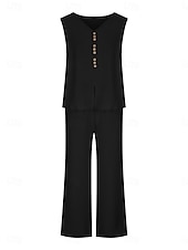 abordables Ensembles chemisiers pour femmes-Femmes Mode Streetwear Quotidien Ensembles de Pantalons Sans manches Col en V Uni Occasionnel Quotidien Noir bleu marine Vert Été Coupe Ample