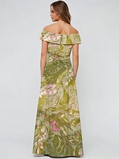billige blomster-Grønn Jacquard Brocade Blomster A-linje Kveldsdrakt Elegant Kjole Formell Bryllup Gulvlengde Korte Ermer Avskjær Nylon med Lomme
