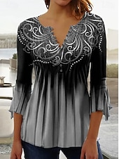 billiga Blommiga toppar-Kvinnors Blus V-hals Ombre Floral Graphic Elegant 3/4 Längd Ärm Vanliga Topp Daglig Ute Knappar Gräsgrön Svart och grå Blå Lila Grön Sommar Vår Höst