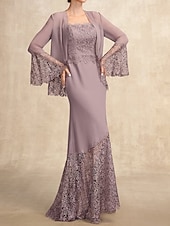 cheap With Jacket-A-Line 3 Piece Mother of the Bride Dress Elegant Simple Casual Square Neck Floor Length Chiffon Sleeveless Long Sleeve Lace with Jacket