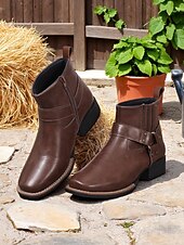 abordables Cowboy et bottes occidentales-bottines pour femmes avec fermeture éclair latérale et détail de sangle, similicuir, chaussures de travail de style occidental pour les tâches agricoles en plein air, la fête des récoltes et le port quotidien