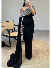 abordables Robes noires-Robe de soirée élégante en crêpe extensible à col montant et manches courtes, longueur au sol, avec cristaux scintillants, style invité de mariage, 2025