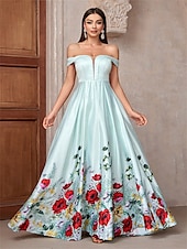 preiswerte GRÜN-A-Linie Abendkleid Elegant Kleid Formell Hochzeit Bodenlang Ärmellos Trägerlos Satin Rückenfrei mit Blumenmuster 2025