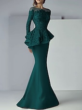 voordelige Vloerlengte-Zeemeermin moeder van de bruid jurk formele bruiloft gast elegante scoop hals vloer lengte kant stretch stof lange mouw met ruffles applicaties 2025 gratis maat op maat