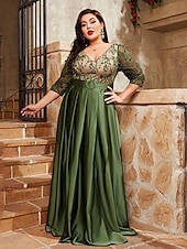 economico VERDE-Abito da sera A-Line elegante abito formale da matrimonio lungo fino al pavimento maniche a 3/4 scollo a V satinato schiena a V con pieghe
