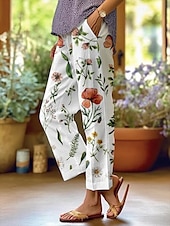 abordables Pantalon droit-Femmes Chinos Vacances ancien Style Ethnique Longueur cheville Taille haute Fleuri Graphique Rayure Bandes Respirant Doux Extérieur Micro-Élastique Extérieur Vacances Occasionnel Rose violet Blanche
