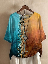 economico Top a Righe e Geometrici per Donne-Per donna Camicie di cotone e lino Floreale A righe Essenziale Casual Mezza Manica Girocollo Top Regolari Quotidiano Stampato Nero Bianco Blu Azzurro cielo Verde Estate