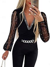 voordelige losse jumpsuits-Dames Normaal Jumpsuit Actief Effen Kleur Lange mouw V-hals Netstof Lapwerk Vakantie Straat Normale pasvorm Zwart Zomer