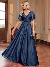 preiswerte BLAU-A-Linie Quinceanera Kleider Elegantes Kleid Formelle Hochzeit Bodenlang Kurzarm V-Ausschnitt Chiffon mit Falten