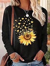 billige Blomster t-skjorte-Dame T skjorte Blomstret Grafisk Årgang Stilfull Klassisk Langermet Crew-hals Rund hals Vanlige topper Daglig Helg Trykt mønster Svart Kakifarget Grå Sommer