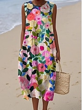 abordables Robes fleuries-Femmes Robe Midi Robe d&#039;Été Robe fourreau Robe trapèze Vacances Occasionnel Boho Soirée Sortir Plage Coupe Ample Fleuri Graphique Sans manches Col Rond Bleu Ciel Blanc et Violet Rose Claire Bleu Ét