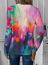 billige Kunst &amp; Design t-skjorte-Dame T skjorte Grafisk Geometrisk Abstrakt Årgang Moderne Fritid Langermet V-hals Vanlige topper Daglig Helg Glidelås Trykt mønster Gul Rosa Rød Blå Vår Høst