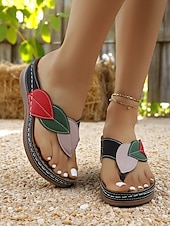 billige Komfortsandaler-Kilesandaler med fargeblokkmønster i bladdesign til dame – myke slip-on-flip-flops for hage, brunsj og sommerturer