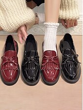 economico Slip-ons e mocassini da donna-Loafers in pelle verniciata bordeaux per donna con nappa e fiocco scarpe flat vintage per uscite casual e uso quotidiano