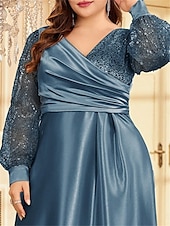 abordables VERT-Robe A-Line Grande Taille Élégante Robe Courbe De Mariage Formelle Longue Au Sol Manches Longues Col en V En Polyester Avec Plis 2025