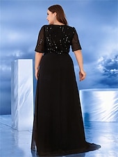 voordelige Zwart-A-Lijn Plus Size Jurken Elegante Curve Jurk Formele Bruiloft Vloerlengte Half Mouw Crew Hals Chiffon met Parels