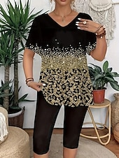 preiswerte Kurze Sets für Damen-Damen Mode T Shirt Shorts-Sets Kurzarm V Ausschnitt Blumen Grafik Leopard Druck Alltagstauglich Schwarz Gold Grün Sommer Normale Passform