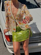 abordables Hauts Floraux-Femmes Jupe Jupe scintillante Mode Mini Taille Basse Jupes Uni Paillettes Micro-Élastique Soirée Cocktail Jaune Vert Été Polyester