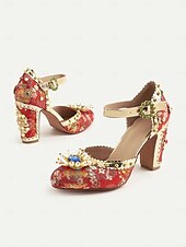 billige 1930-tallet-Røde blomsterbroderte damehæler med perle- og edelstensaksenter – vintage-inspirerte, tykke blokkhæler fra 1920-tallet for spesielle anledninger, bryllup og fester