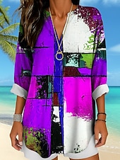 abordables Tops à Rayures et Géométriques pour Femmes-Femmes Chemisier Graphique Géométrique Abstrait ancien Tropical Hawaïen manche longue Col en V Hauts Réguliers Quotidien Fête Tenue de plage Imprimé Jaune Rouge Bleu Violet Vert Été Printemps
