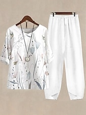 abordables Ensembles chemisiers pour femmes-Femmes Basique Chemise Ensembles de Pantalons Demi Manches Col rond A Ombre Fleuri Graphique Imprimé Fête Décontracté Quotidien Week-end Blanche Jaune Bleu clair Été Coupe régulière