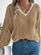preiswerte Einfarbige Farben-Damen Pullover Lässig Farbblock Gerippt V Ausschnitt Patchwork Gestrickt Langarm Normale Oberteile Stricken Täglich Ferien Ausgehen Weiß Blau Herbst