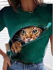 abordables T-shirt Animaux-Femmes T-shirt Graphique Animal Chat ancien Élégant Classique Manche Courte Col ras du cou Col rond Hauts Réguliers Quotidien Week-end Imprimé Noir Blanche Bleu Dorée Vert Été Printemps