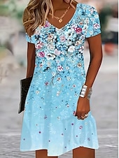 billiga Blommiga klänningar-Dam Mini klänning T shirtklänning Solklänning A linjeklänning Semester Ledigt Strandstil Utekväll Strand Normal Blommig Grafisk Kortärmad V-hals Gul Rodnande Rosa Blå Purpur Sommar