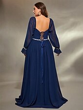 preiswerte BLAU-A-Linie Abendkleid Elegant Kleid Formell Hochzeit Bodenlang Langarm Quadrathals Chiffon mit Falten 2025
