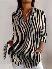 cheap Stripe&amp;Geometric Tops-Women&#039;s Shirt Graphic Geometric Striped Vintage Tropical Daily Long Sleeve V Neck Shirt Collar Regular Tops Work Daily Holiday Buttons Print Grass Green Black Summer Spring Fall