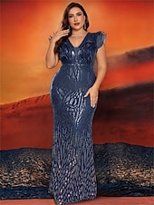 baratos Champanhe-Vestidos Sereia  Trompete Plus Size Vestido Elegante Curvas Formal Casamento Comprimento do Chão Sem Mangas Decote em V Com Lantejoulas com Lantejoulas