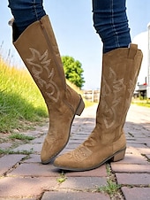olcso Cowboy és nyugati csizma-női western velúr térdig érő cowboy csizma – hímzett, barna, hegyes orrú, középsarkú lovaglócsizma country koncertekre, őszi szettekre és szabadtéri rendezvényekre