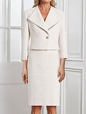 abordables Ensembles de robes pour maman-Robe en tricot bouclé en tweed, ensemble deux pièces, fourreau/colonne, robe mère de la mariée, élégante, simple, minimaliste, col en V, revers, longueur thé, manches 3/4 avec bouton en métal doré