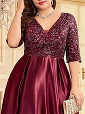 economico ROSSO-A-Line Taglie Forti Abiti Elegante Curve Abito Formale Matrimonio Lunghezza Piena Manica Mezza V Collo Poliestere con Pieghe 2025