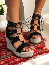 cheap Vacation Sandals-Women&#039;s Black Lace-Up Wedge Sandals with Espadrille Platform – Summer Casual Peep Toe Shoes for Beach Vacations, Outdoor Parties, and Daily Wear
