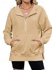 abordables Sweatshirts et Hoodies Texturés-Femmes Sweat à capuche Uni Streetwear Occasionnel Confortable manche longue À capuche Hauts Réguliers Rue Fête Sortir Poche Avant Quart de zip Noir Rose Claire Bleu Kaki Gris Automne