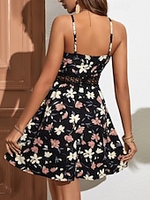 abordables Robes fleuries décontractées-Femmes Mini Robe Robe Fleurie Robe d&#039;été Robe Nuisette Robe Imprimée Classique Moderne Vacances Sortir Week-end Coupe régulière Fleur Sans manches Bretelles spaghetti Noir Bleu de minuit Été