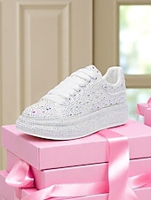 baratos Ténis de mulher-Tênis plataforma feminino branco com strass - sapatos de festa brilhantes com cadarço e detalhes em cristal para a vida noturna e para baladas