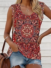 billige Boho tank topp-Dame Camisole Tank Top Grafisk Geometrisk Bohem Årgang Daglig Ermeløs Crew-hals Vanlige topper Daglig Trykt mønster Svart Hvit Rød Blå Kakifarget Sommer Vår