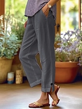 abordables Pantalon uni en coton et lin-Femmes Pantalon en coton et lin Chinos ancien Mode Basique Longueur complète Taille haute Uni Avec Poches Confort Extérieur Non Elastique Vacances Rue Quotidien Vert foncé Bleu marine Blanche Rose