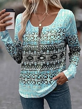 economico T-shirt Boho-Per donna Maglietta Ombre Gradiente di Colore Elegante Moderno Casual Manica Lunga Scollo a V Top Regolari Quotidiano Weekend Cerniera Stampato Rosa Blu Estate Primavera