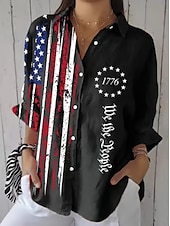 cheap Independence Day Top-Independence Day Women&#039;s Patriotic Fourth of July Shirt Graphic Flag Vintage Tropical Stylish Long Sleeve Shirt Collar Regular Tops Work Daily Buttons Print Black White Red Light Blue  Fall