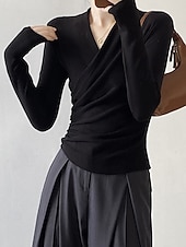 abordables Hauts Unis pour Femmes-Femmes Chemisier Uni Moderne Occasionnel manche longue Col en V Hauts Réguliers Quotidien Fête Froncé Noir Blanche Marron clair Automne