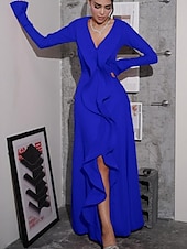 preiswerte ROT-Meerjungfrau  Trompeten Abendkleid Elegantes Kleid Formale Hochzeit Bodenlang Langarm V-Ausschnitt Stretch-Crêpe mit Rüschen