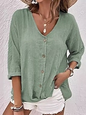 cheap Plain Tops-Women&#039;s Shirt Blouse Solid Color Plain Bohemia Daily Stylish 3/4 Length Sleeve V Neck Regular Tops Daily Holiday Going out Buttons Sage Green Blue Khaki Rose Pink Summer Spring Fall