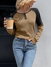 お買い得  ストライプ＆ジオメトリックTシャツ-女性用 ブラウス カラーブロック スタイリッシュ カジュアル 長袖 クルーネック レギュラートップス 日常 パッチワーク ボタン イエロー ワイン 夏 春