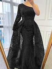 preiswerte GRÜN-A-Linie Abendkleid Elegant Kleid Formell Hochzeit Bodenlang Langarm Ein-Schulter Spitze mit Paillette 2025