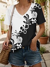 abordables T-shirt floral-Femmes T-shirt Fleuri Graphique Plantes ancien Mode Hawaïen Manche Courte Col en V Hauts Réguliers Quotidien Sortir Week-end Imprimé Blanche Été Printemps